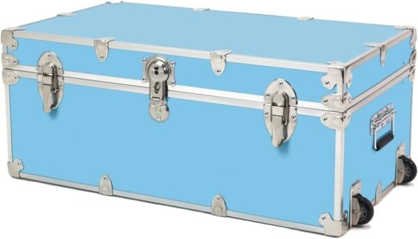 Rhino Trunk & Case Essential College Trunk with Wheels – Secure Dorm Storage Chest - Ideal Footlocker for Students – Strong Trunks with 1000+ Pounds Sitting Capacity 32"x18"x14" (Sky Blue)