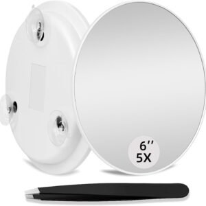 5X Magnifying Mirror, 6” Makeup Mirror with 5X Magnification, 5X Magnifying Mirror with Suction Cups, Large Makeup Magnifying Mirror Compact Magnified Mirror, Travel Makeup Magnification and Tweezers
