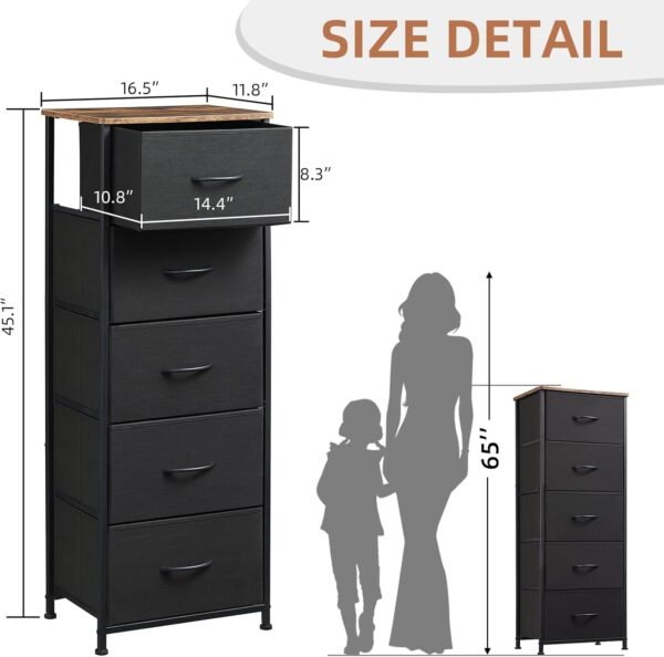 Somdot Tall Dresser for Bedroom with 5 Drawers, Storage Chest of Drawers with Removable Fabric Bins for Closet Bedside Nursery Laundry Living Room Entryway Hallway, Black - Image 3