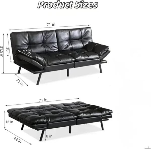 Futon Sofa Bed Convertible Sofa Bed, Loveseat Sleeper Sofa with Memory Foam Adjustable Backrest Design, 72" Leather Small Couch for Living Rooms, Apartment, Studio(Bright Black) - Image 2
