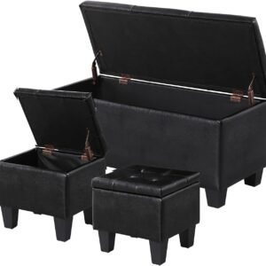 Storage Ottoman and 2 Footrests Set, 38 inch Upholstered Tufted Bench with Seating, Rectangular Sitting Ottoman Bench Step Stools for Living Room and College Dorm, Hinged Flip Top, Black, PU Leather