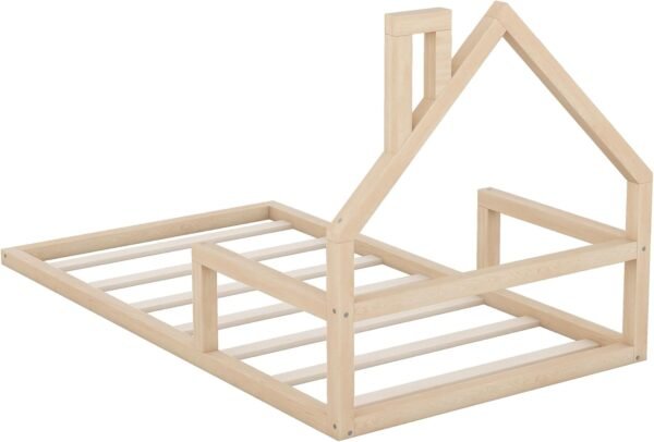 Twin Size Floor Platform House-Shaped Headboard,Solid Wood Bed Frame W/a Chimney,No Box Spring Required,for Bedroom,Apartment,Guest Room,Natural - Image 9