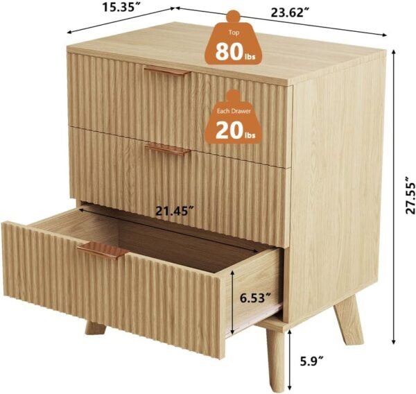 Mid-Century 3 Drawers Bedside Table Cabinet, Modern Nightstand with 3 Drawer and Solid Wood Legs, Contemporary 3-Drawer Nightstand, Mid Century Nightstand with 3 Storage Drawer for Bedroom (Natural) - Image 2