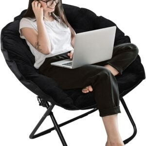 Folding Moon Saucer Chair, Comfy Oversized Lounge Chair, Faux-Fur Reading Chair for Teens, Adults, Foldable Accent Lazy Chair, Metal Frame Lounge Chair for Living Room, Bedroom, Dorm,Black