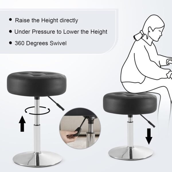 Black Vanity Chair for Makeup Room Vanity Stool for Makeup Room Round Tufted PU Leather Makeup Chair Vanity Stools for Bathroom Height Adjustable 360 Swivel - Image 5