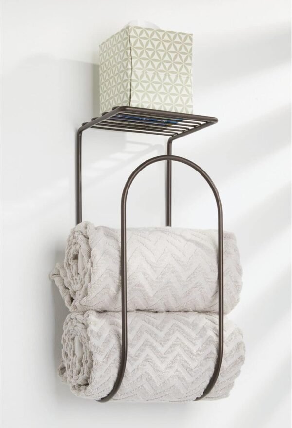 mDesign Modern Metal Wire Wall Mount Towel Rack Holder and Organizer with Storage Shelf - for Bathroom Towels, Washcloths, Hand Towels - Decorative Curved Design - Bronze - Image 3