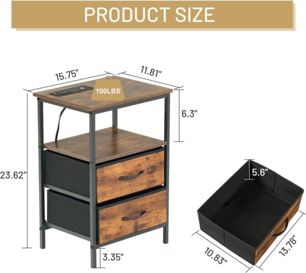 Nightstand, Bedside Furniture with LED and Charging Station, 2 Drawers Dresser for Bedroom, Night Stand, End Table with Open Shelf for Bedroom, Closet, Entryway, College Dorm, Set of 2, Rustic Brown - Image 3