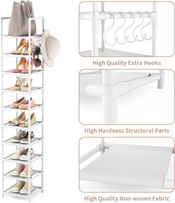 Tall Narrow Shoe Rack 10-Tier Skinny Shoe Shelf Storage for 10-15 Pairs Shoes and Boots, Space Saving Corner Shoe Rack Organizer for Closet, Entryway, Garage, Living Room,White - Image 4