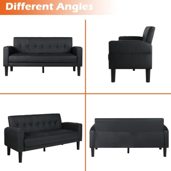 AILEEKISS 62" Loveseat Couches Upholstered Leather Love Seat Sofas Couch with 2 USB, Cup Holders, Side Pocket, Mid-Century Modern Tufted Sofa for Living Room,Office,Bedroom,Apartment (Black, 2-Seat) - Image 6