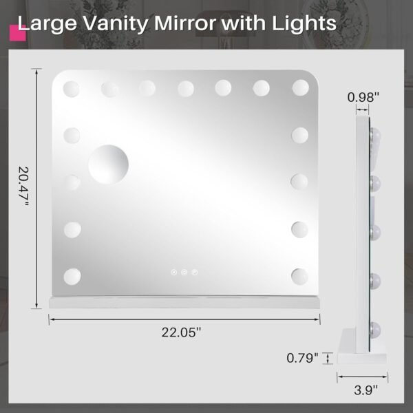 Redlife Vanity Mirror with Lights, Hollywood Mirror with Lights and Magnification for Bedroom, 3 Colors Modes, Touch Control, White (15 LED Dimmable Bulbs) - Image 2