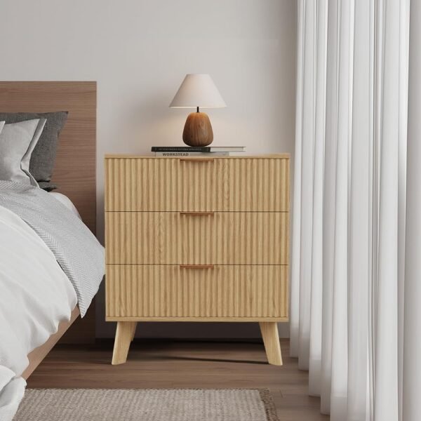 Mid-Century 3 Drawers Bedside Table Cabinet, Modern Nightstand with 3 Drawer and Solid Wood Legs, Contemporary 3-Drawer Nightstand, Mid Century Nightstand with 3 Storage Drawer for Bedroom (Natural) - Image 6