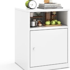 Metal Night Stand, White Bedside Table with Open Shelf, Small Nightstand, Small Dresser, Side Table with Storage for Bedroom and Living Room 19.6″ H x 14.9″ W x 13.3″ D