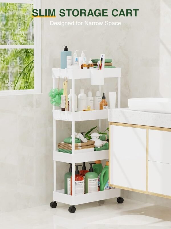 LEHOM Slim Rolling Storage Cart - 4 Tiers Bathroom Organizer Utility Cart Slide Out Storage Shelves Mobile Shelving Unit for Kitchen, Bedroom, Office, Laundry Room, Small Narrow Spaces (Pear White) - Image 2