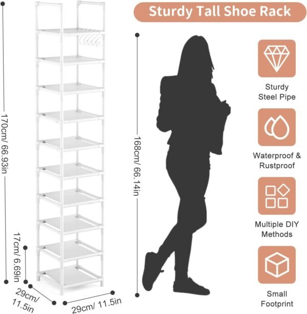 Tall Narrow Shoe Rack 10-Tier Skinny Shoe Shelf Storage for 10-15 Pairs Shoes and Boots, Space Saving Corner Shoe Rack Organizer for Closet, Entryway, Garage, Living Room,White - Image 3