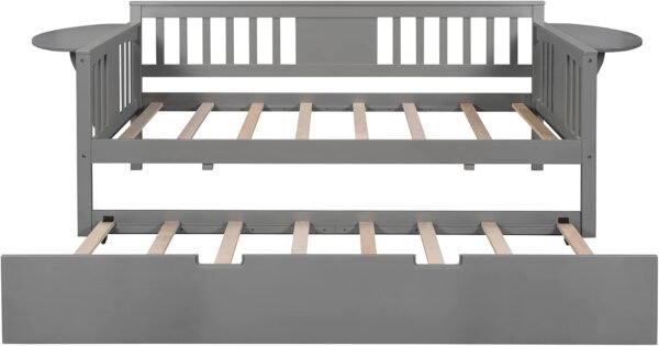 Twin Size Wooden Daybed with Trundle, Solid Wood Day Bed Sofa Bed with Samll Table on Both Sides for Living Room Bedroom Guestroom, Ideal Trundle Bed for Home, Space-Saving, Gray - Image 4