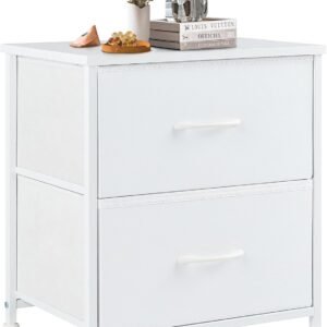 DUMOS Nightstand Small Dresser with 2 Fabric Drawers Side Bedroom End Table Kids Bedside Storage Furniture for 20 inch Tall Night Stand for Closet, Entryway, College Dorm, Medium, White
