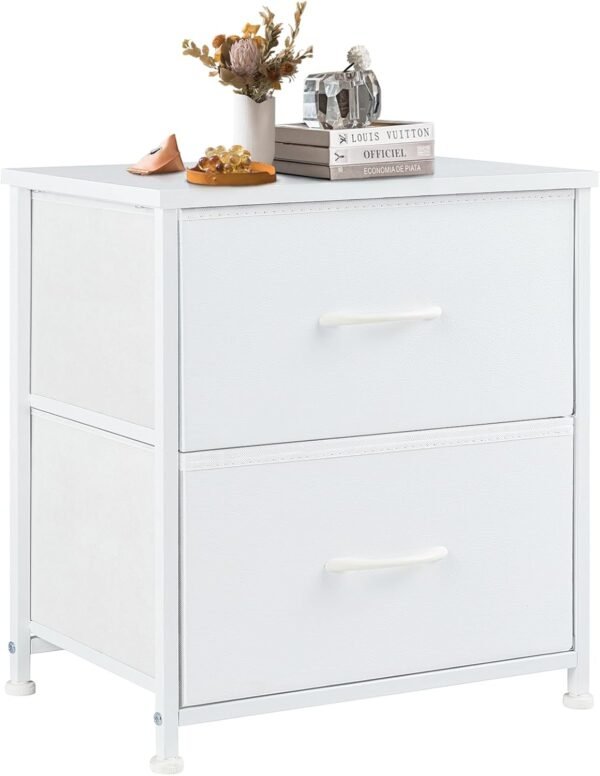DUMOS Nightstand Small Dresser with 2 Fabric Drawers Side Bedroom End Table Kids Bedside Storage Furniture for 20 inch Tall Night Stand for Closet, Entryway, College Dorm, Medium, White