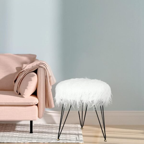 Asense Faux Fur Foot Rest Ottoman Soft Compact Padded Seating with Metal Legs Upholstered Decorative Furniture - Image 3