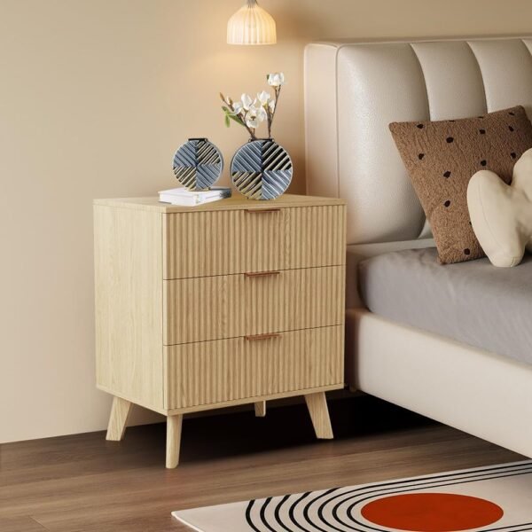 Mid-Century 3 Drawers Bedside Table Cabinet, Modern Nightstand with 3 Drawer and Solid Wood Legs, Contemporary 3-Drawer Nightstand, Mid Century Nightstand with 3 Storage Drawer for Bedroom (Natural) - Image 7