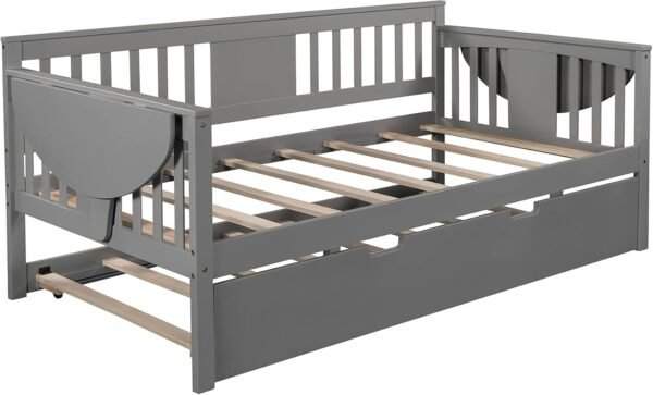 Twin Size Wooden Daybed with Trundle, Solid Wood Day Bed Sofa Bed with Samll Table on Both Sides for Living Room Bedroom Guestroom, Ideal Trundle Bed for Home, Space-Saving, Gray - Image 5