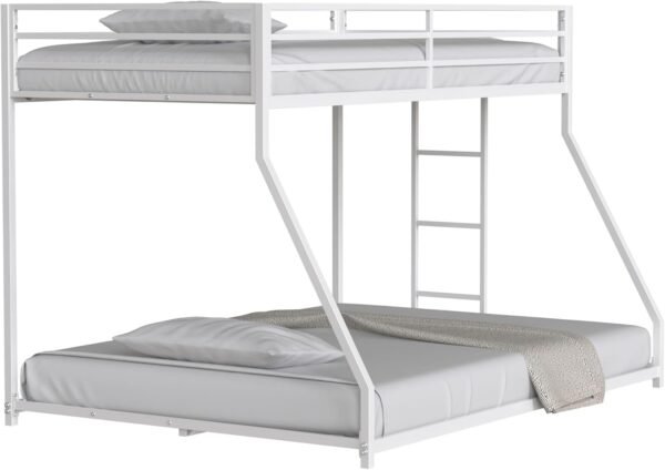 ROOMTEC Twin Over Full Metal Bunk Bed Frame for Kids, Teens, and Adults, Floor Bed with Metal 22 Slats, Guardrail, Built-in Ladder, No Boxspring Required for Small Spaces, White