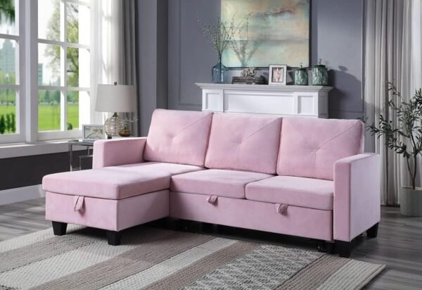 82.5'' L-Shape Convertible Sleeper Sectional Sofa with Storage Chaise and Pull-Out Bed, Velvet Upholstered Reversible Corner 3 Person Couch, for Living Room, Apartment, Pink - Image 2