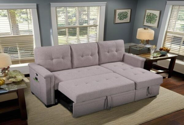 RITSU Linen 84" Reversible Sleeper Sectional Sofa with Storage Chaise and USB Charging Ports，Convertible Sectional Sofa w/Cell Phone Pocket & Magazine Pouch，for Living Room, Apartment - Image 4