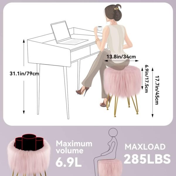 Vanity Stool Chair with Storage, Faux Fur Makeup Room Seat Stool, Soft Padded Seat, Round Footrest Footstools with 4 Metal Legs & Adjustable Footings, Vanity, Bathroom, Bedroom Chairs Pink - Image 3