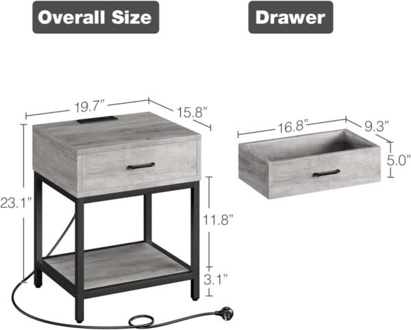 Set of 2 Grey Nightstands with Charging Station, End Tables Living Room with Drawer and Shelf, Bedside Table with USB Port & Power Outlet for Bedroom College Dorm - Image 3