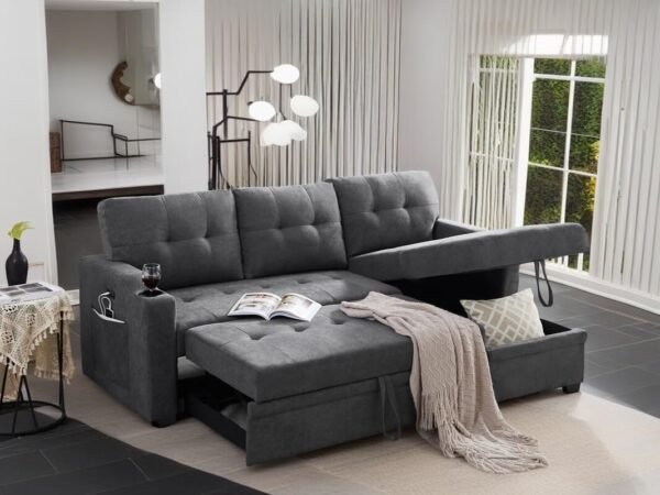 83" L-Shape Convertible Sleeper Sectional Sofa with Storage Chaise & Pull Out Bed, Reversible Corner Couch Design w/Cup Holder, USB Charging Port, Side Pocket for Living Room, Apartment, Office