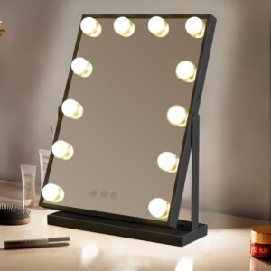 M MIVONDA Vanity Mirror with Lights, Black Lighted Makeup Mirror with 12 LED Bulbs for Desk and Wall, Dimmable 3 Lighting Modes, 360-degree Rotating with USB-C and Charger (16”x12”)
