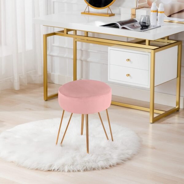 DUHOME Velvet Ottoman, Makeup Vanity Stool, Contemporary Stool, Mongolian Round Metal Stool, Vanity Stool, Furry Ottoman Stool, Modern Accent Stools, Pink - Image 2