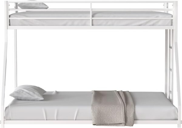 ROOMTEC Twin Over Full Metal Bunk Bed Frame for Kids, Teens, and Adults, Floor Bed with Metal 22 Slats, Guardrail, Built-in Ladder, No Boxspring Required for Small Spaces, White - Image 3