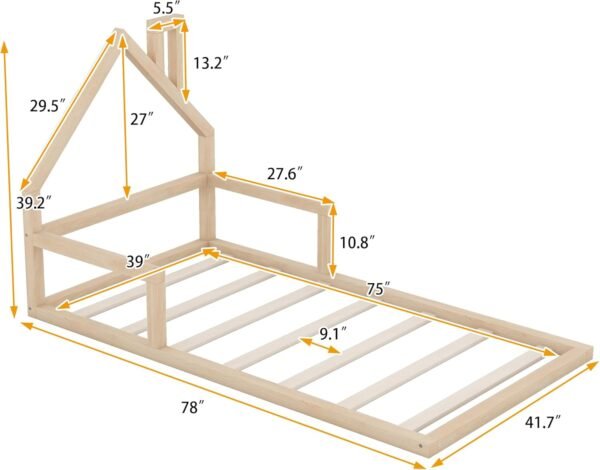 Twin Size Floor Platform House-Shaped Headboard,Solid Wood Bed Frame W/a Chimney,No Box Spring Required,for Bedroom,Apartment,Guest Room,Natural - Image 2