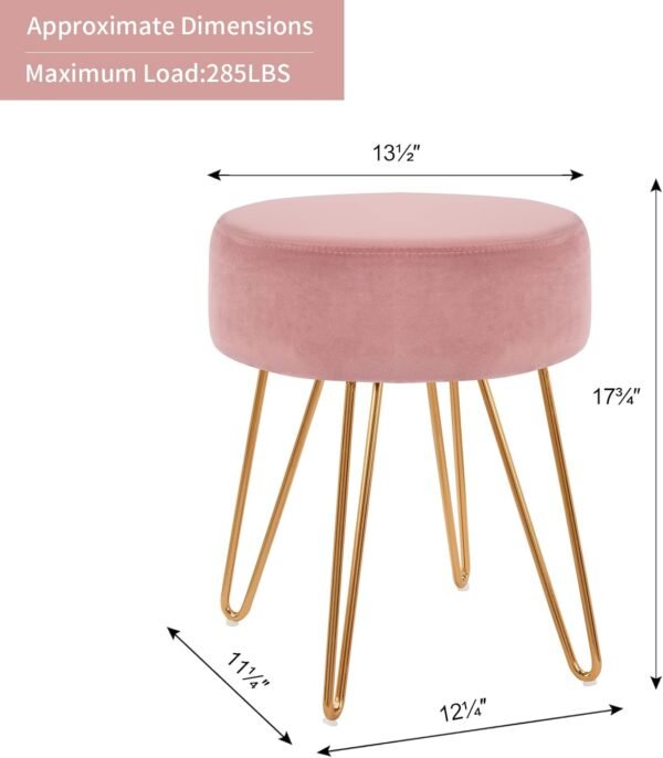 DUHOME Velvet Ottoman, Makeup Vanity Stool, Contemporary Stool, Mongolian Round Metal Stool, Vanity Stool, Furry Ottoman Stool, Modern Accent Stools, Pink - Image 3