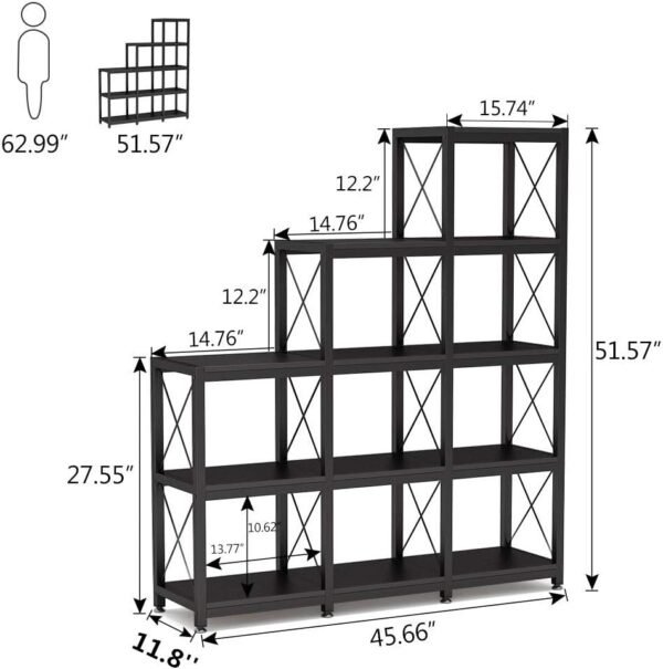 Tribesigns 12 Shelves Bookshelf, Industrial Ladder Corner Bookshelf 9 Cubes Stepped Etagere Bookcase, Rustic 5-Tier Display Shelf Storage Organizer for Home Office (Black) - Image 7