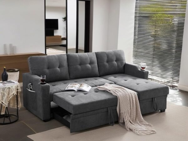 83" L-Shape Convertible Sleeper Sectional Sofa with Storage Chaise & Pull Out Bed, Reversible Corner Couch Design w/Cup Holder, USB Charging Port, Side Pocket for Living Room, Apartment, Office - Image 2