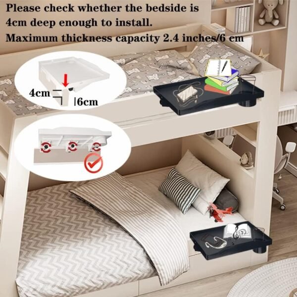 Bedside Shelf, Bunk Bed Shelf Organizer for Top Bunk Dorm Clip On Nightstand with Cup Holder Hooks Hanging Cup Plastic Bedside Shelf Tray for Kids for Bed College Dorm Room Essentials - Image 3