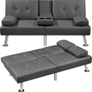 Convertible Futon Sofa Bed with Metal Legs & 2 Cupholders, Modern PU Leather Upholstered Couch Loveseat Sleeper, Folding Couches Bed, Removable Armrests for Small Spaces, Living Room (Gray)