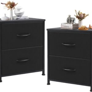 DUMOS Nightstand Set of 2 Small Dresser with 2 Fabric Drawers Side Bedroom End Table Kids Bedside Storage Furniture for 20 inch Tall Night Stand for Closet, Entryway, College Dorm, 2 Pack, Black