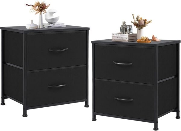 DUMOS Nightstand Set of 2 Small Dresser with 2 Fabric Drawers Side Bedroom End Table Kids Bedside Storage Furniture for 20 inch Tall Night Stand for Closet, Entryway, College Dorm, 2 Pack, Black