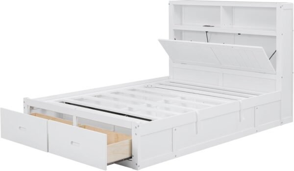 Full Size Platform Bed with Storage Shelves Headboard, Hydraulic Storage Cabinets and 2 Drawers Underneath, Wood Lift Up Bed Frame with LED Light and Charging Station, White - Image 7