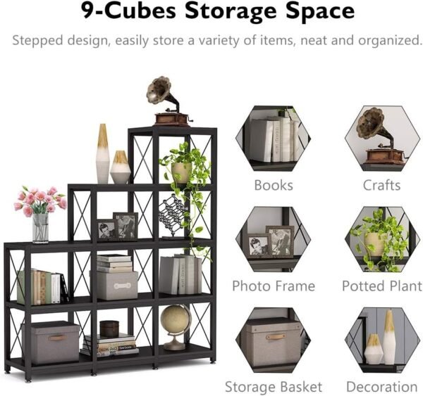Tribesigns 12 Shelves Bookshelf, Industrial Ladder Corner Bookshelf 9 Cubes Stepped Etagere Bookcase, Rustic 5-Tier Display Shelf Storage Organizer for Home Office (Black) - Image 5