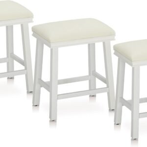 MAISON ARTS White Counter Height 24 inch Bar Stools Set of 3 for Kitchen Counter Solid Wood Legs with Faux Leather Padded Seat Farmhouse Barstools for 34″-38″ Counter Island Upholstered Stools