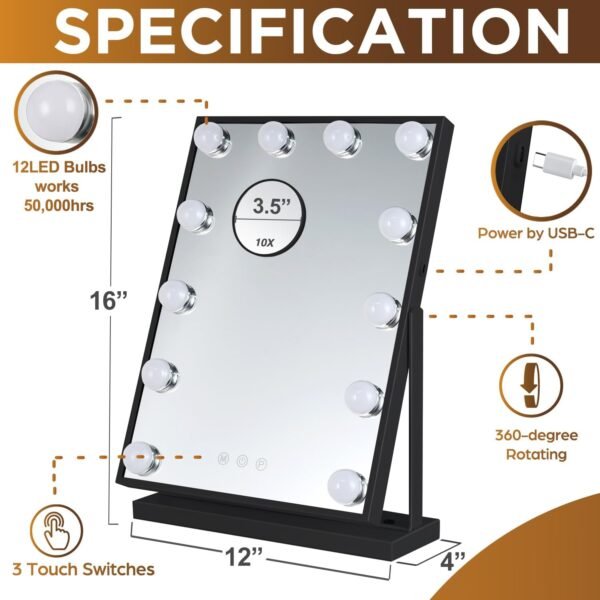 M MIVONDA Vanity Mirror with Lights, Black Lighted Makeup Mirror with 12 LED Bulbs for Desk and Wall, Dimmable 3 Lighting Modes, 360-degree Rotating with USB-C and Charger (16”x12”) - Image 4