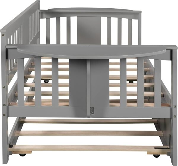 Twin Size Wooden Daybed with Trundle, Solid Wood Day Bed Sofa Bed with Samll Table on Both Sides for Living Room Bedroom Guestroom, Ideal Trundle Bed for Home, Space-Saving, Gray - Image 6