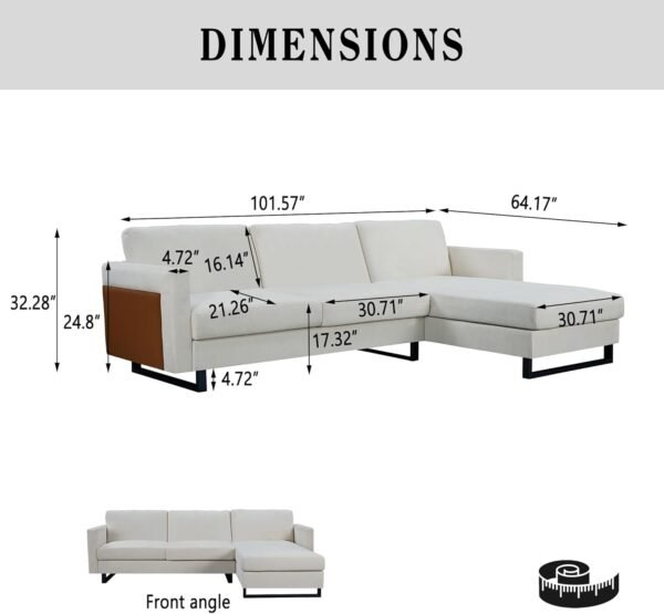 KYLE & KAY Modern Sectional Sofa, 3 Seat L Shaped Couch with Chaise Longue and USB, Upholstered Small Couch for Small Apartments, Living Room and Office, Off-White - Image 2