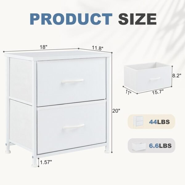 DUMOS Nightstand Small Dresser with 2 Fabric Drawers Side Bedroom End Table Kids Bedside Storage Furniture for 20 inch Tall Night Stand for Closet, Entryway, College Dorm, Medium, White - Image 3