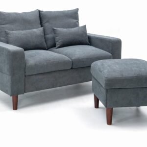 Panana 54.5″ Wide Sofa Loveseat with Ottoman, Compact 2 Seater Couch for Small Speace Living Room (Gray Linen, Track arm with Storage Side Pockets)