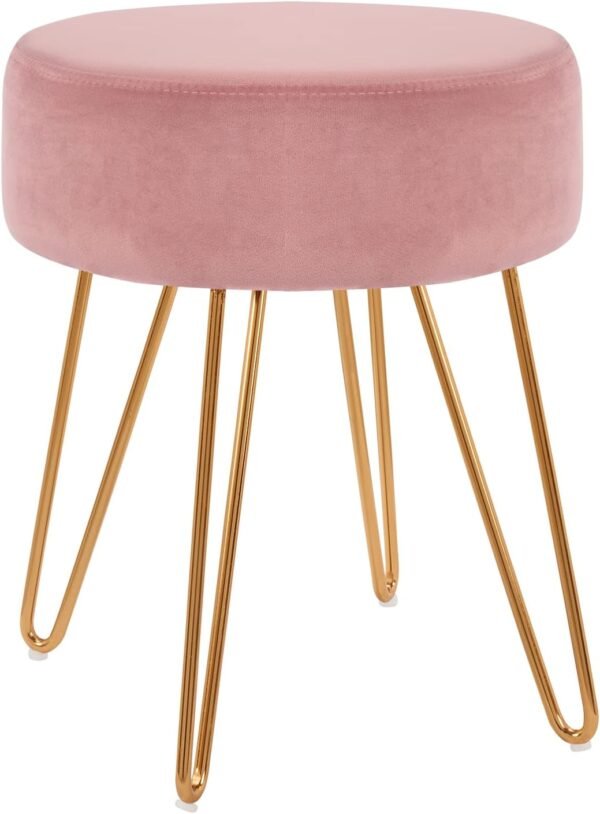 DUHOME Velvet Ottoman, Makeup Vanity Stool, Contemporary Stool, Mongolian Round Metal Stool, Vanity Stool, Furry Ottoman Stool, Modern Accent Stools, Pink
